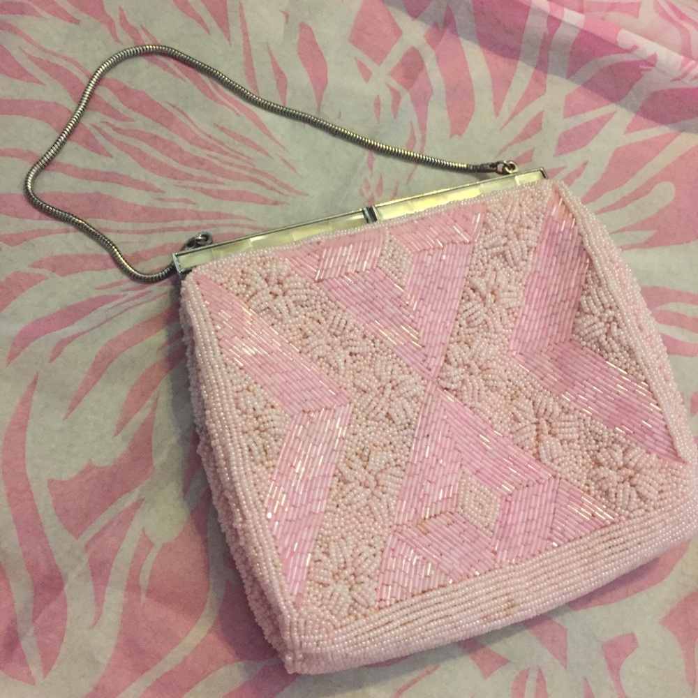 Vintage Pink All Beaded Purse, Handbag